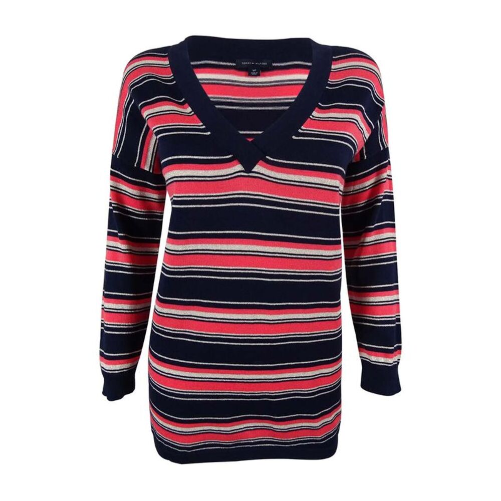Tommy Hilfiger Women's Metallic Striped V-Neck Sweater - Peacoat